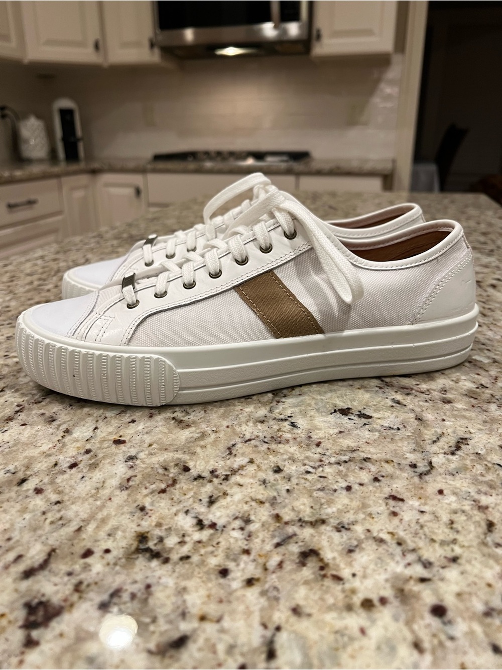 P.F. Flyers White Canvas Low-Top Sneakers with Tan Stripe collab w Ball and Buck